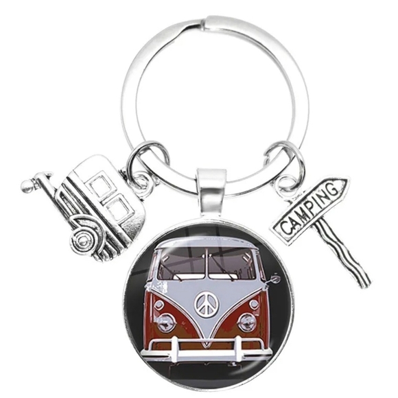 None Other - Keychain Retro Van Red Volkswagen Bus Peace Sign